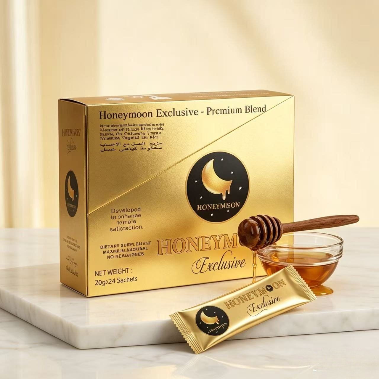 Honeymoon honey in a warm product setting